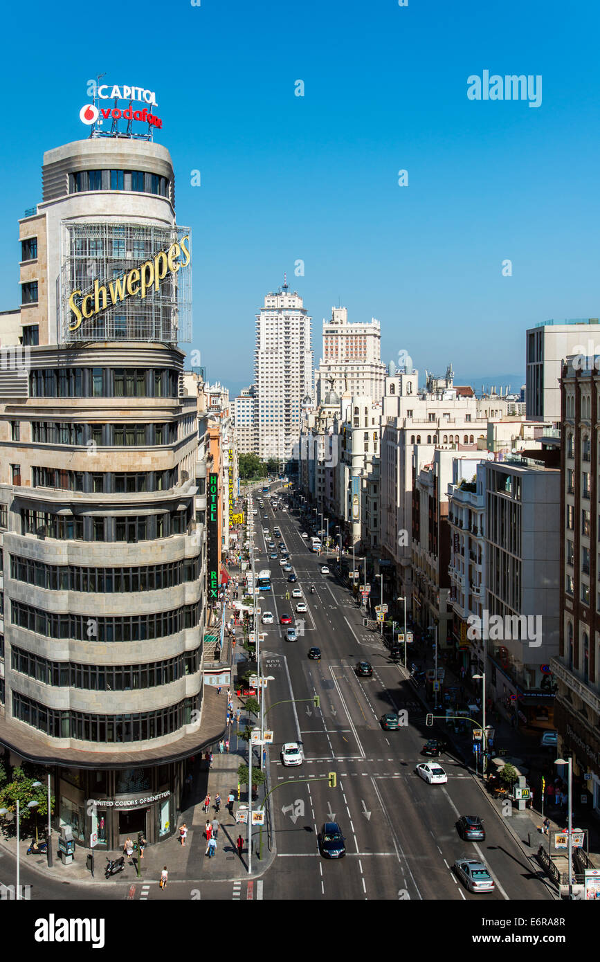 Draufsicht der Gran Via Straße, Madrid, Comunidad de Madrid, Spanien Stockfoto