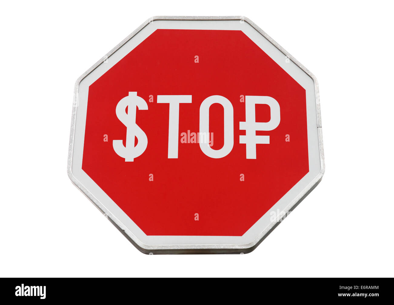 Finanzen-Konzept mit USD und russischen Geld als ein Stop-Schild isoliert auf weiss Stockfoto