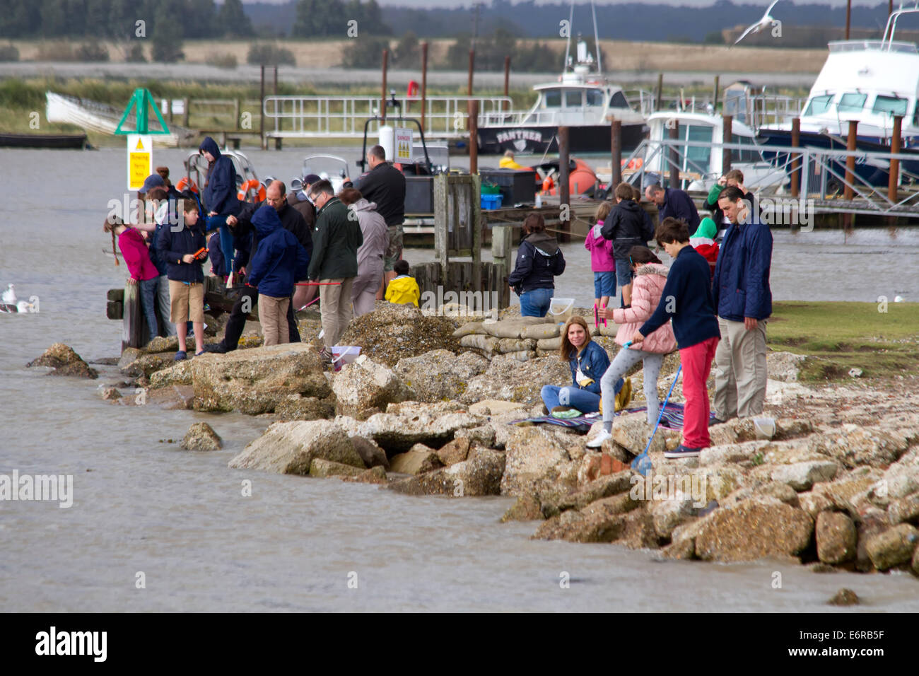Familiengruppen, Verdrehungen, Hafen von Southwold, Suffolk, UK Stockfoto
