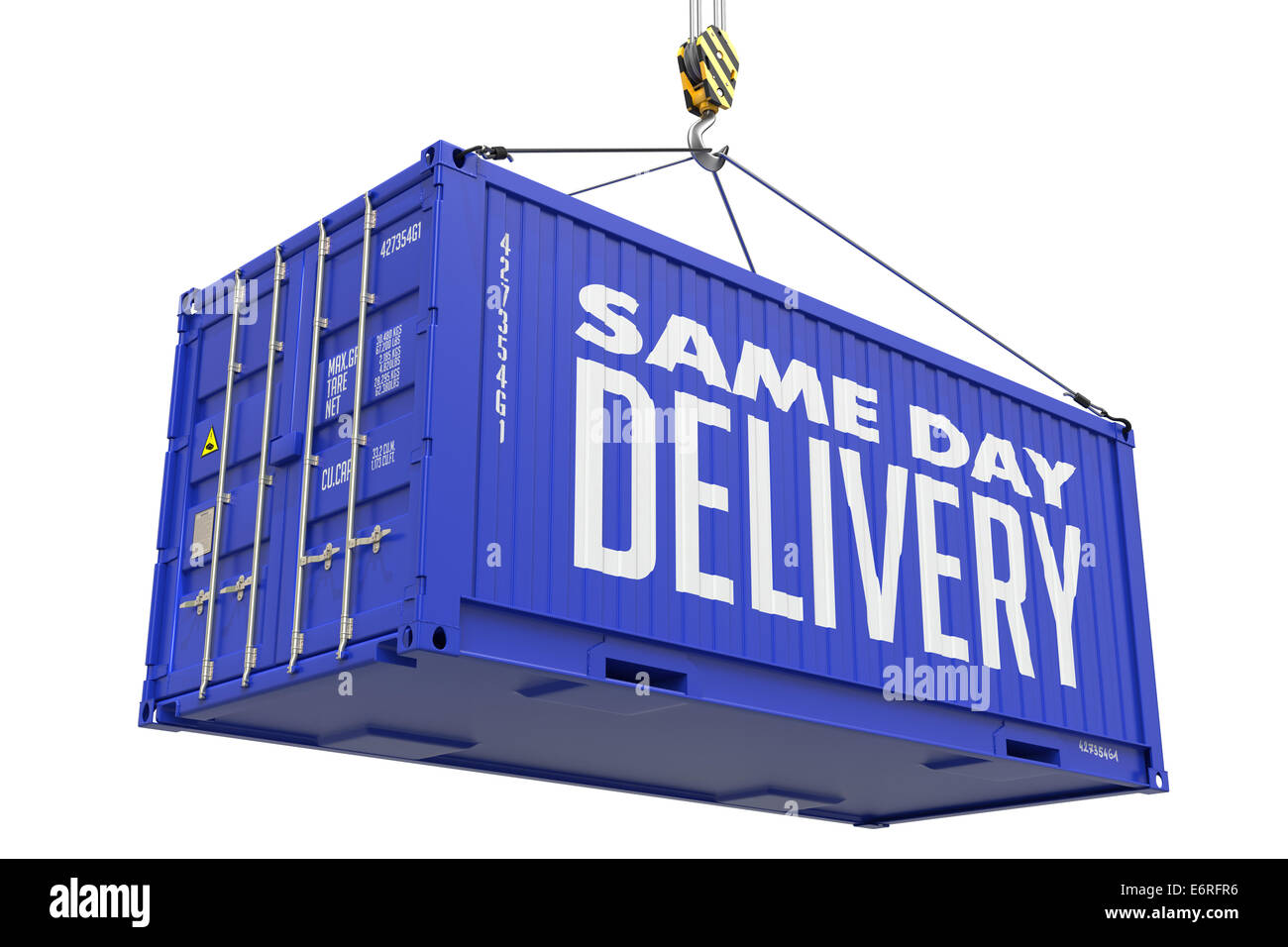 Lieferung am selben Tag auf blauen Cargo-Container. Stockfoto