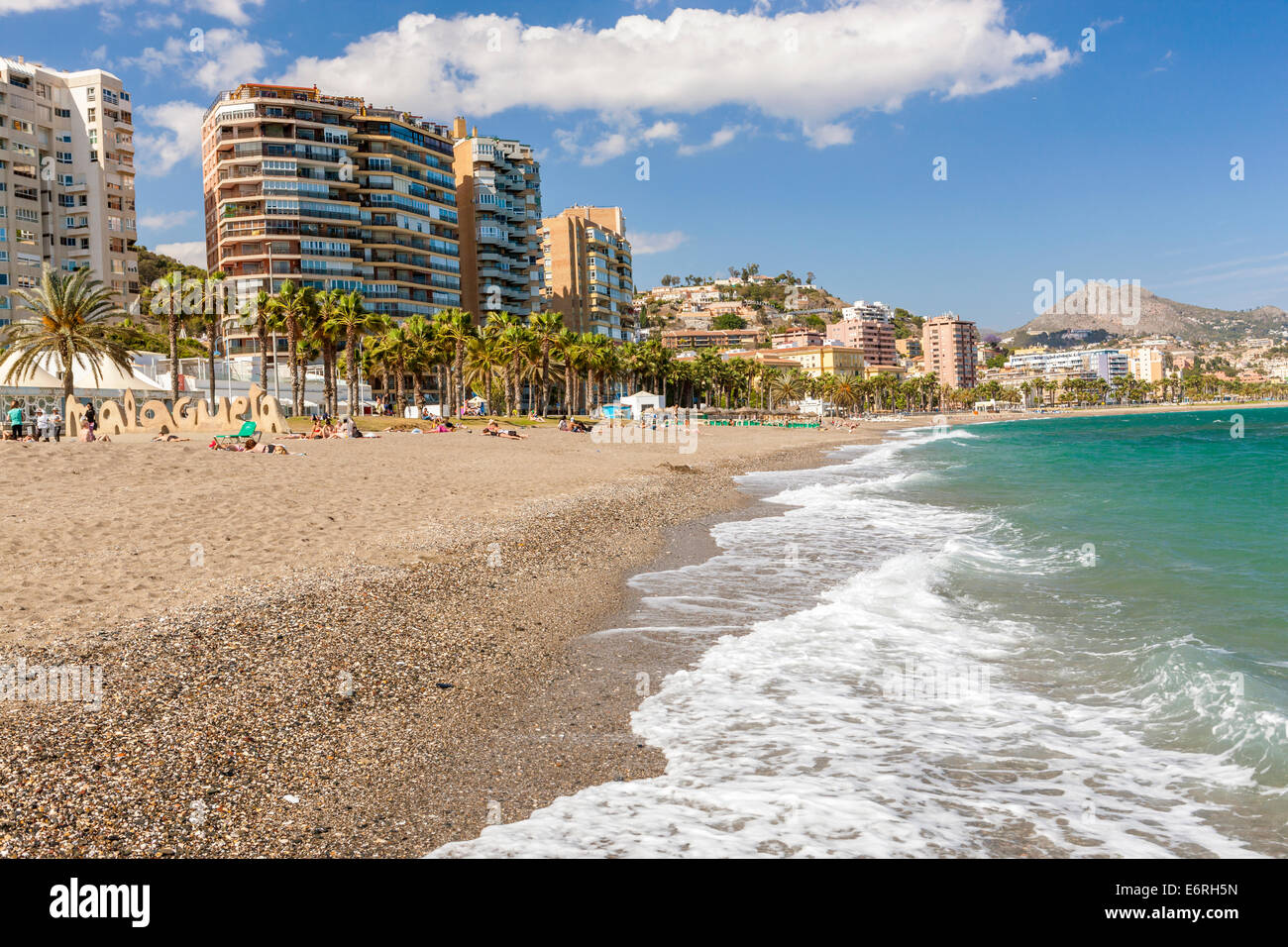 Malagueta Strand, Málaga, Costa Del Sol, Andalusien, Spanien, Europa. Stockfoto