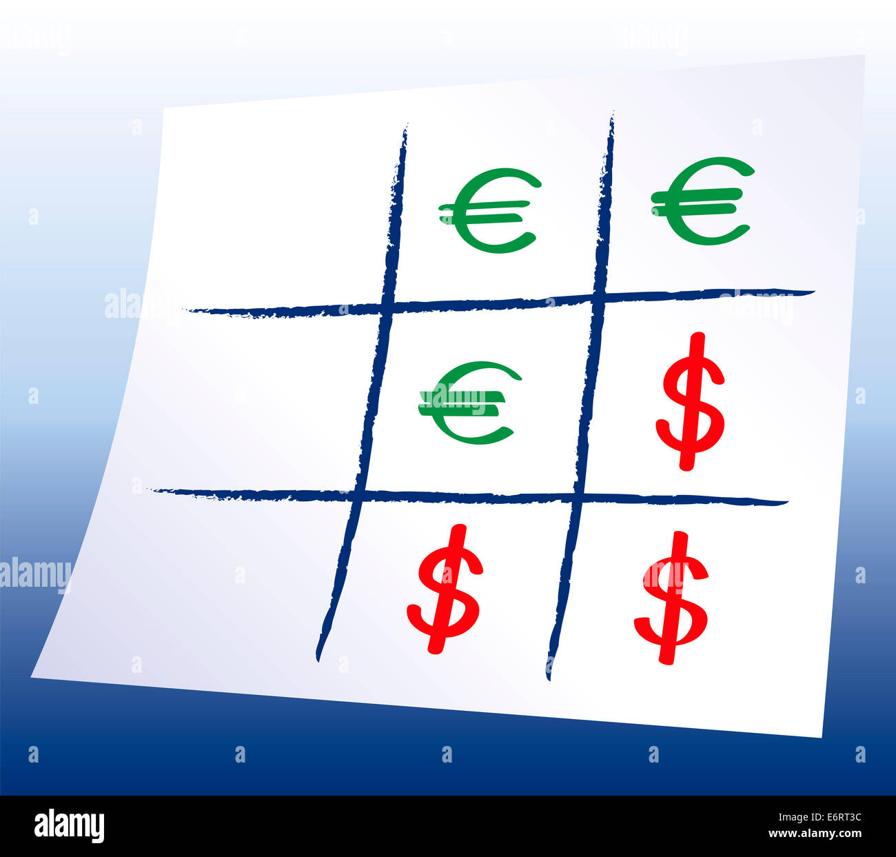 Euro-Dollar-Tic Tac Toe-Nullen und Kreuze mit Euro und Dollar Symbole, ein Papier-und-Bleistift-Spiel. Stockfoto