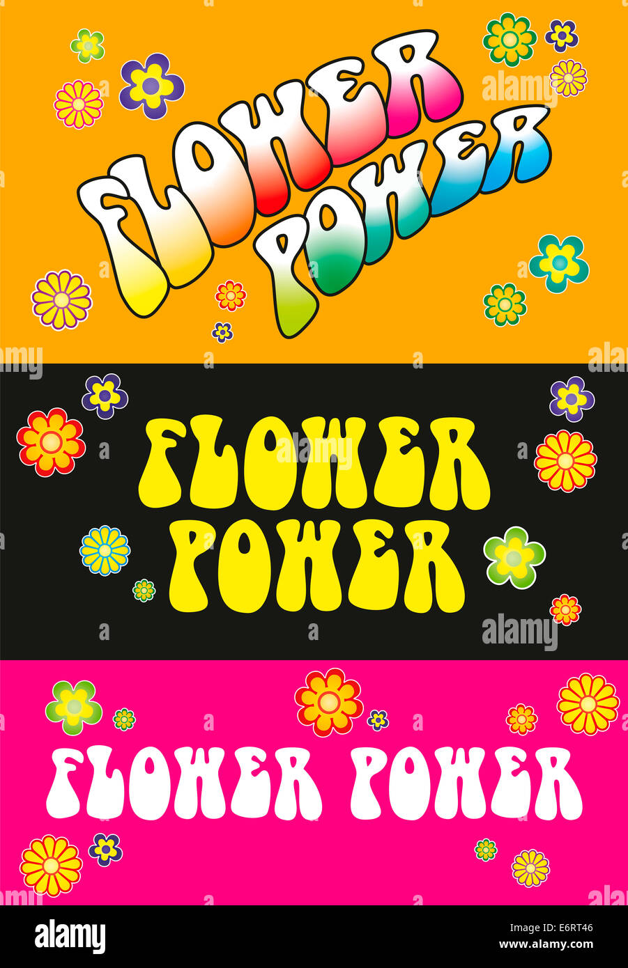 Drei Varianten Flower-Power Schriftzug. Vorlage mit floralen Symbolen auf orange, schwarz und rosa Hintergrund. Abbildung. Stockfoto