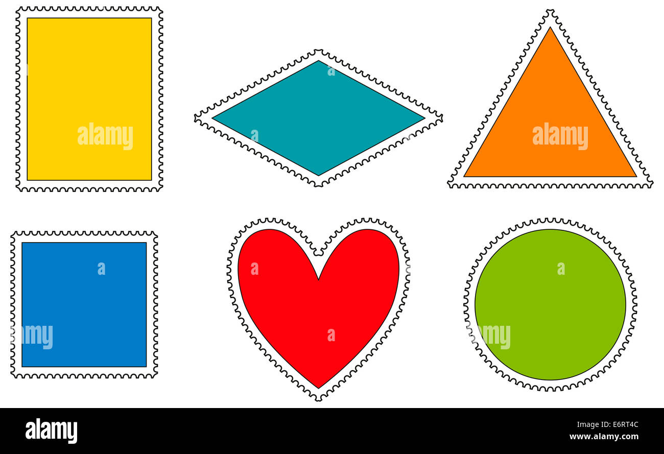Briefmarken-Vorlage - Variationen in der Form von einem Rechteck, Rhombus, Dreieck, Quadrat, Herz und Kreis. Stockfoto