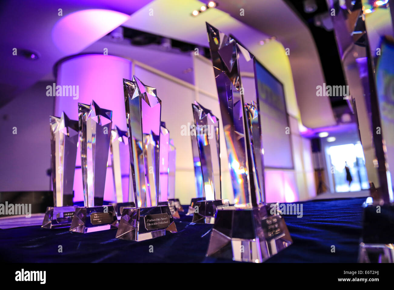 Glas Awards/Trophäe aufgereiht vor der Jugend und Kultur Preisverleihung in Liverpool mit farbigen Beleuchtung von hinten. Stockfoto