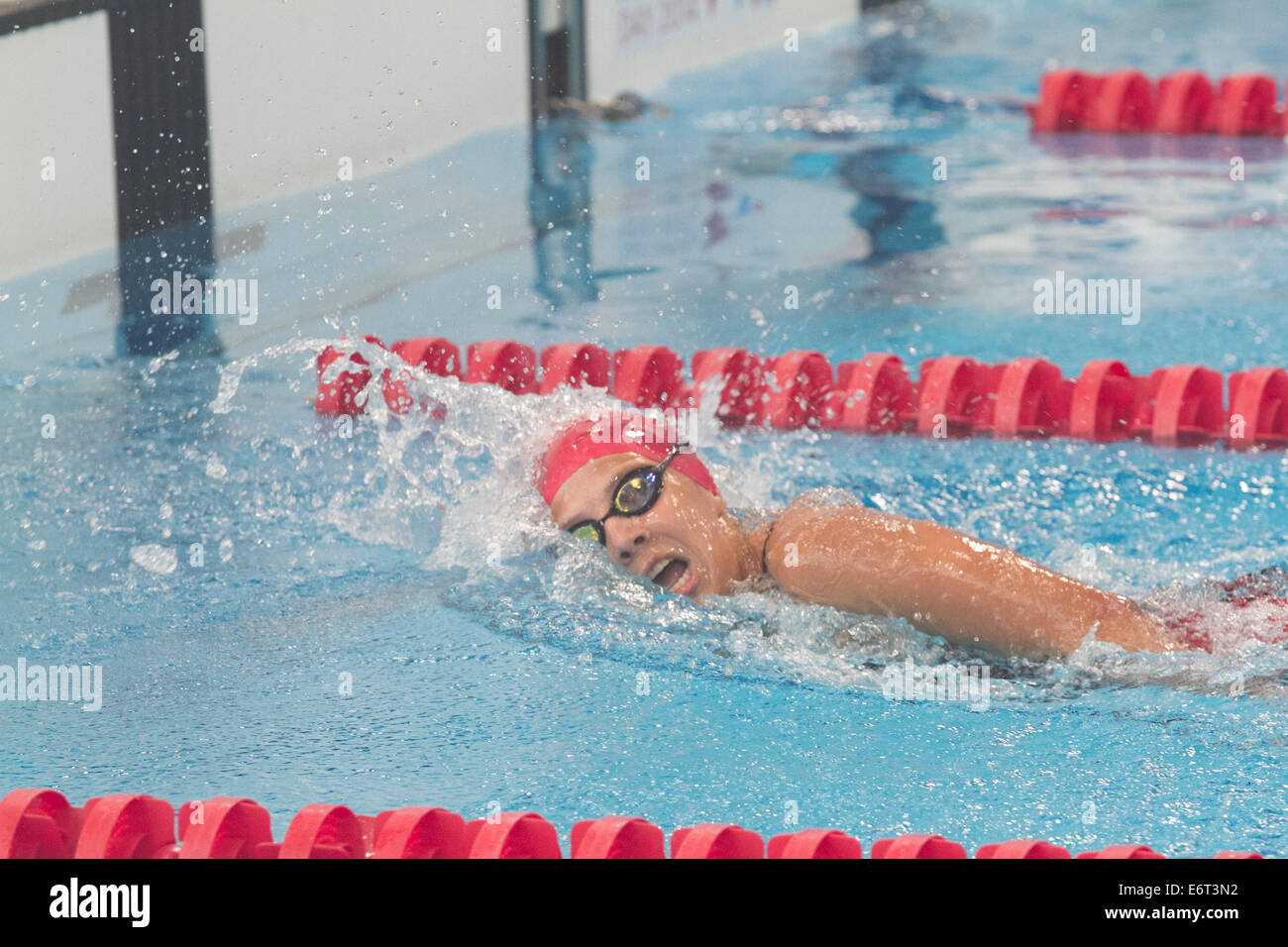 Stratford London, UK. 30. August 2014. Einschließlich GB Medaillengewinner Paralympics-Athleten konkurrieren bei der ikonischen Aquatics Centre im Olympiapark in Stratford, zum ersten Mal seit der Paralympischen Spiele 2012 in London zu konkurrieren.  Bildnachweis: Amer Ghazzal/Alamy Live-Nachrichten Stockfoto