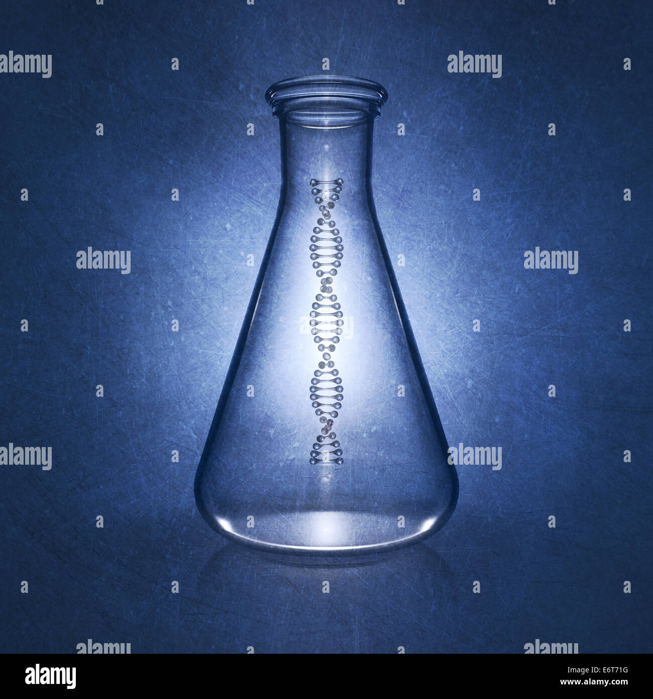DNA-Doppelhelix Molekül in Labor Kolben auf blauem Hintergrund, Genetik, detaillierte Abbildung Stockfoto