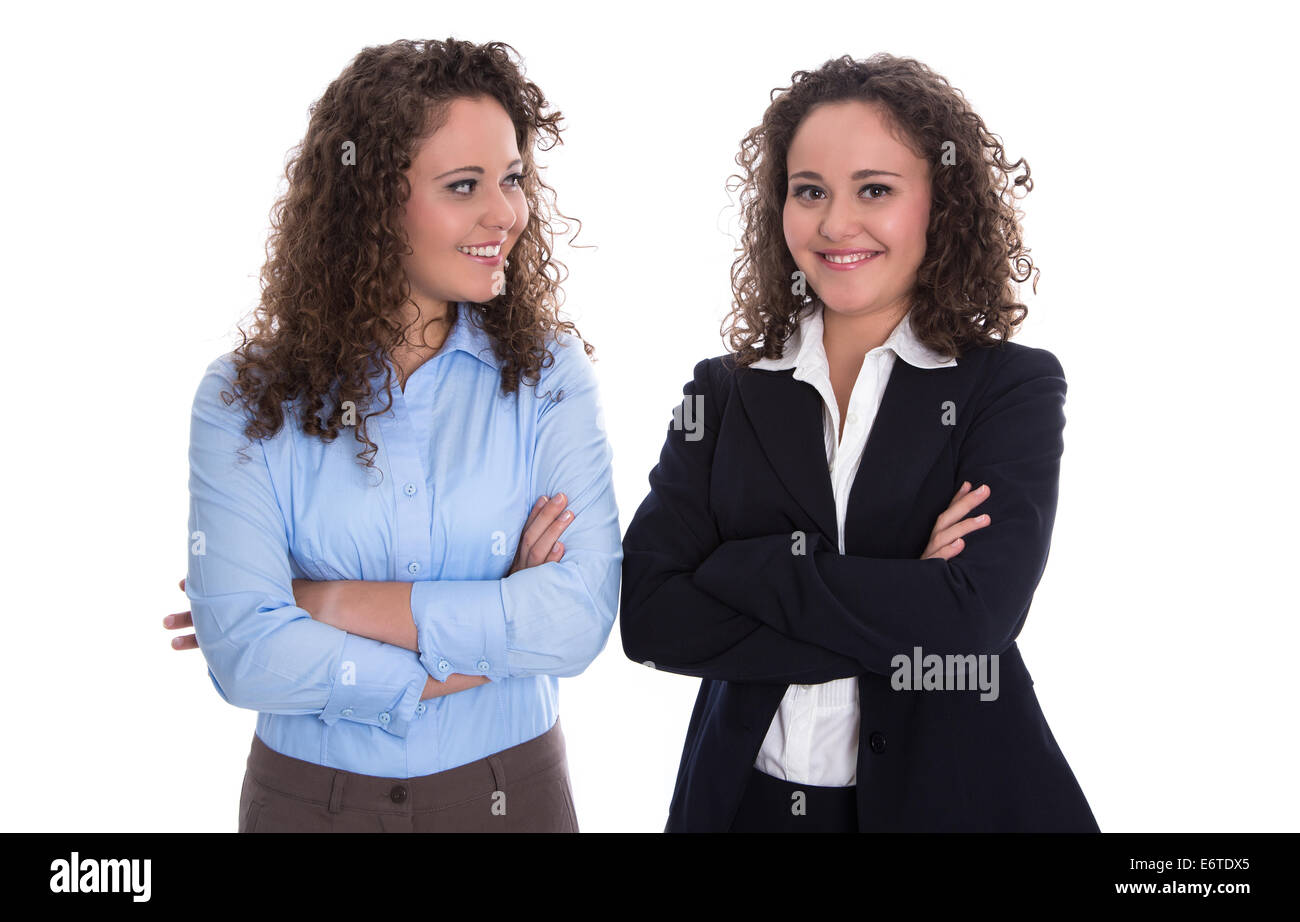 Teamarbeit-Konzept: Zwillinge als Geschäftsfrau isoliert auf weißem Hintergrund. Stockfoto