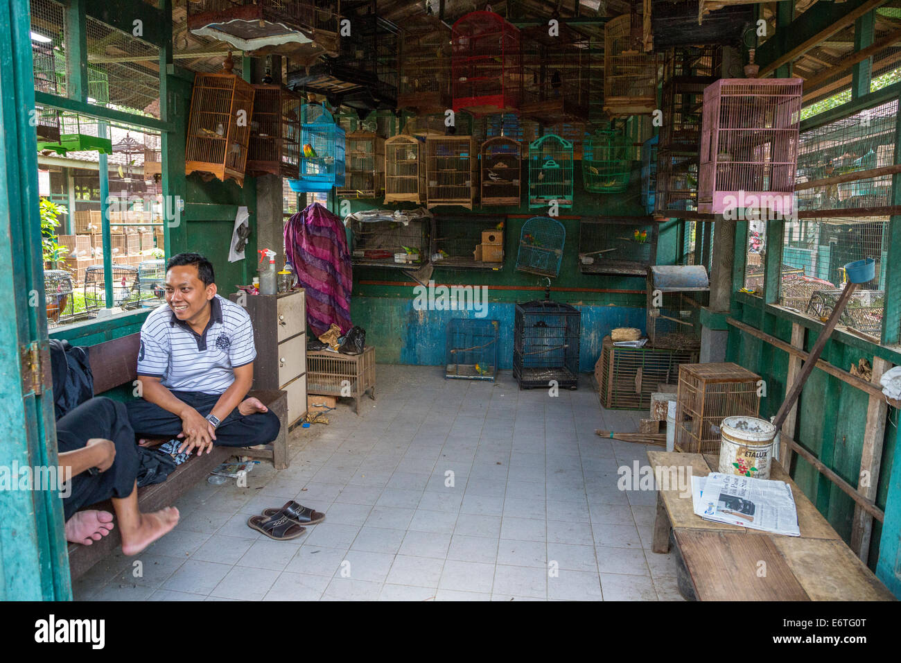 Yogyakarta, Java, Indonesien.  Zwei Männer unterhalten sich in ein Geschäft für Vögel im Käfig in der Vogelmarkt. Stockfoto