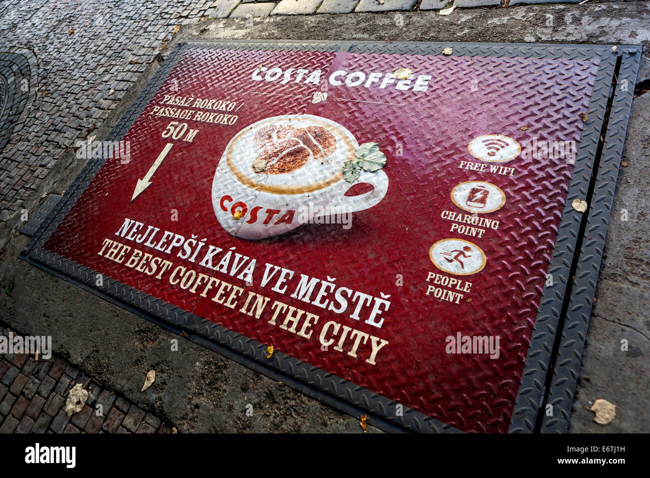 Costa Coffee Anzeige im Stadtzentrum von Prag Tschechische Republik Stockfoto
