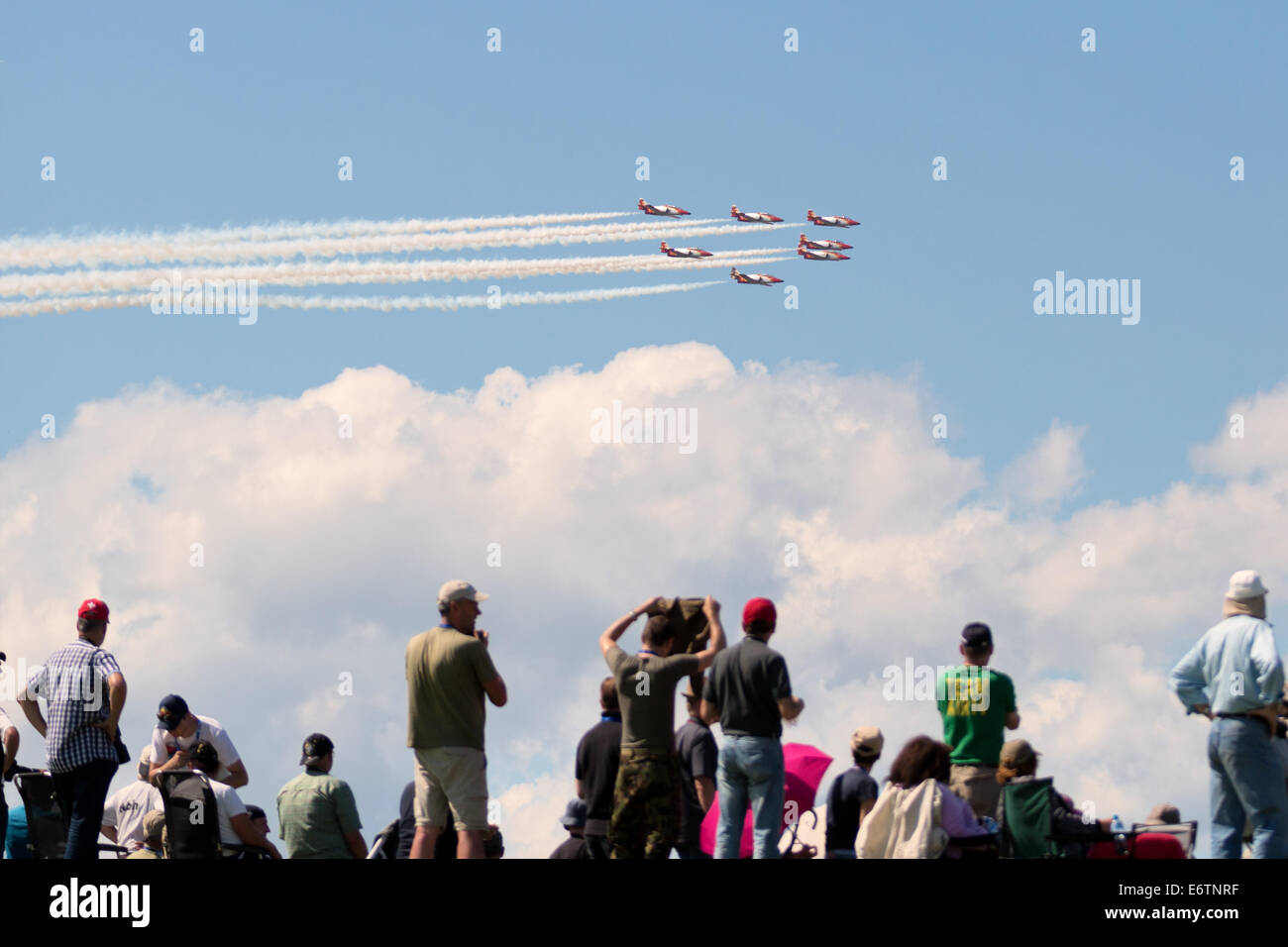 Payerne, Schweiz, 30. August 2014. Jets von der Patrulla Águila ein Manöver in der Luft zeigen bei AIR14 am Samstag 30. August Credit: Carsten Reisinger/Alamy Live News Stockfoto