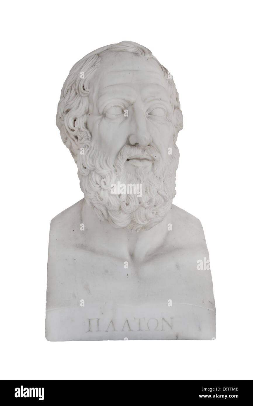 Isolierte Büste von Platon (gest. 348 vor Christus) - Skulptur im Palast Archilleion von Korfu in Griechenland. Stockfoto