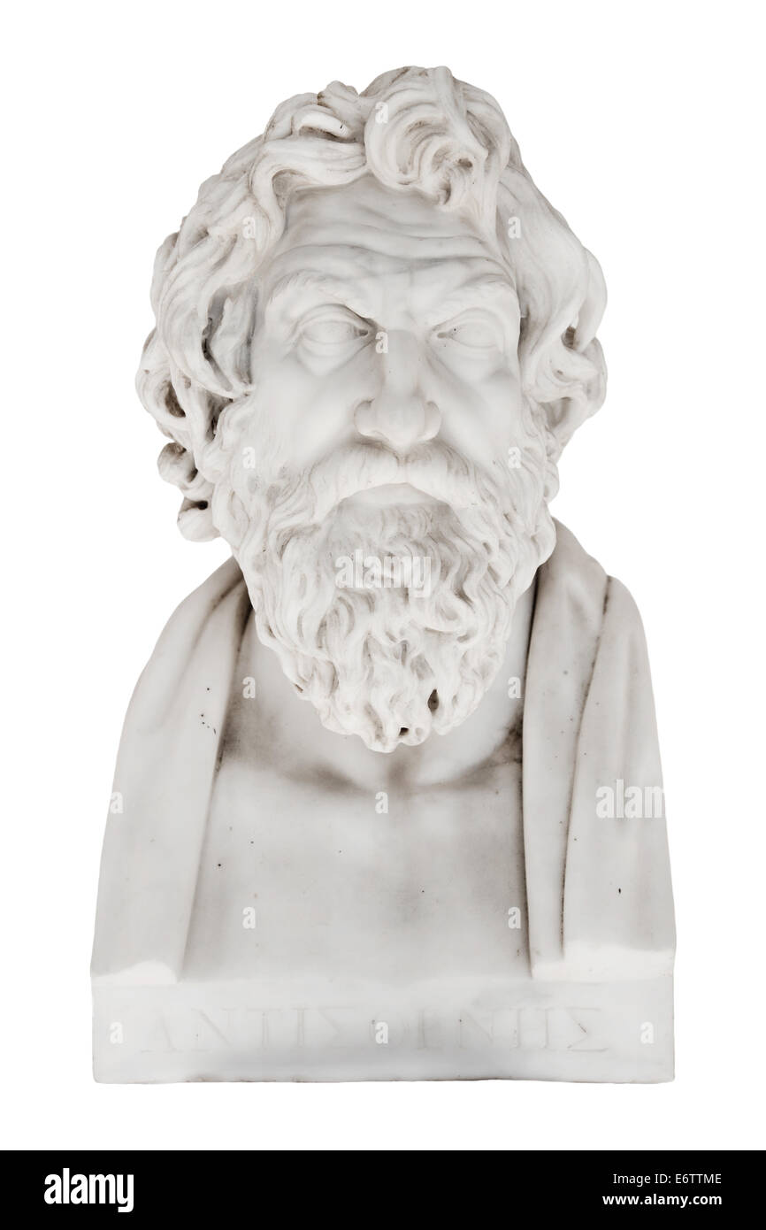 Isolierte Büste von Antisthenes - griechischer Philosoph und Schüler des Sokrates. Replik in das Achilleion auf Korfu in Griechenland. Geboren in 44 Stockfoto
