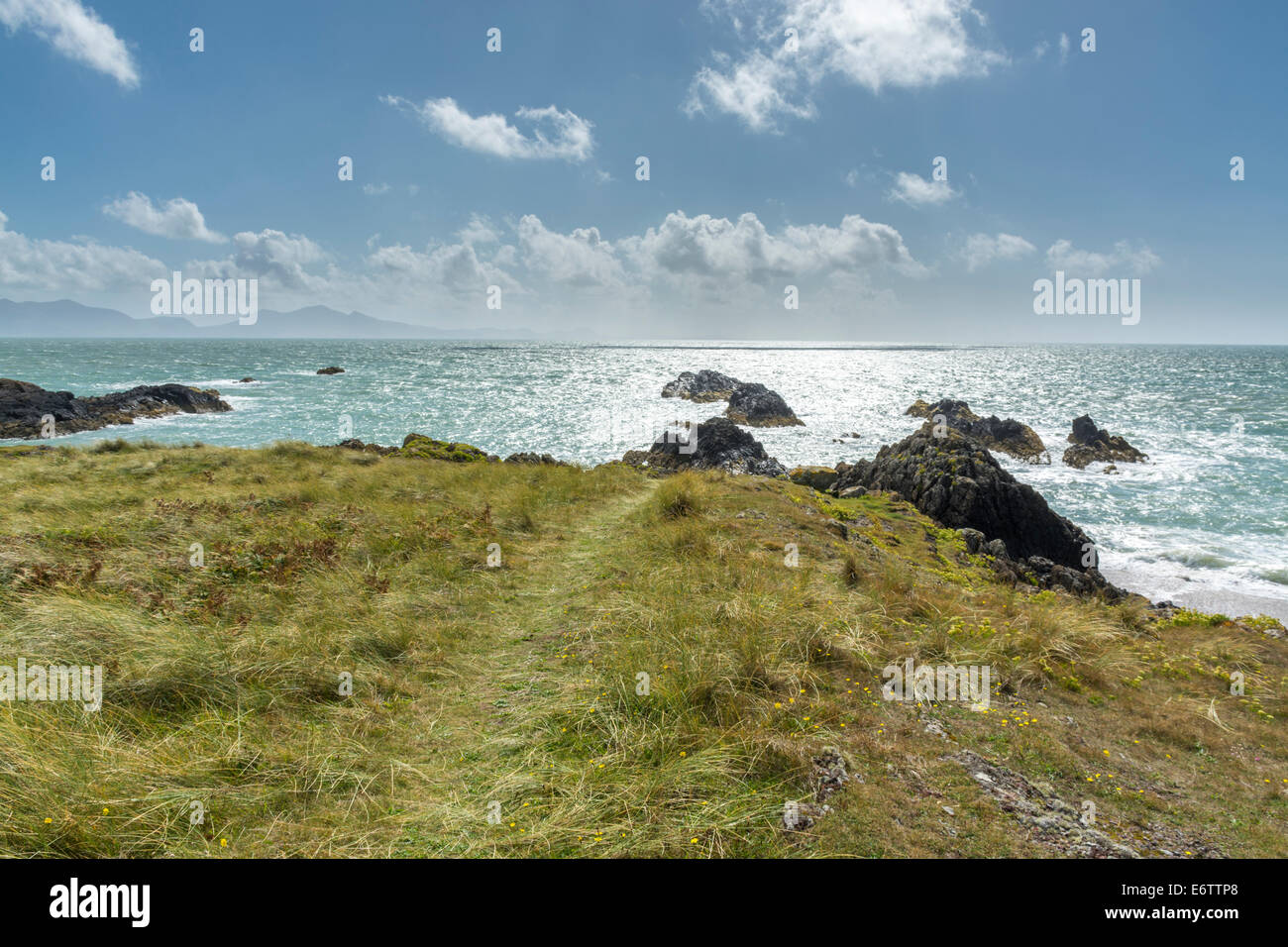 Blick auf das Meer von Llanddwyn Island, Anglesey, North Wales UK Stockfoto