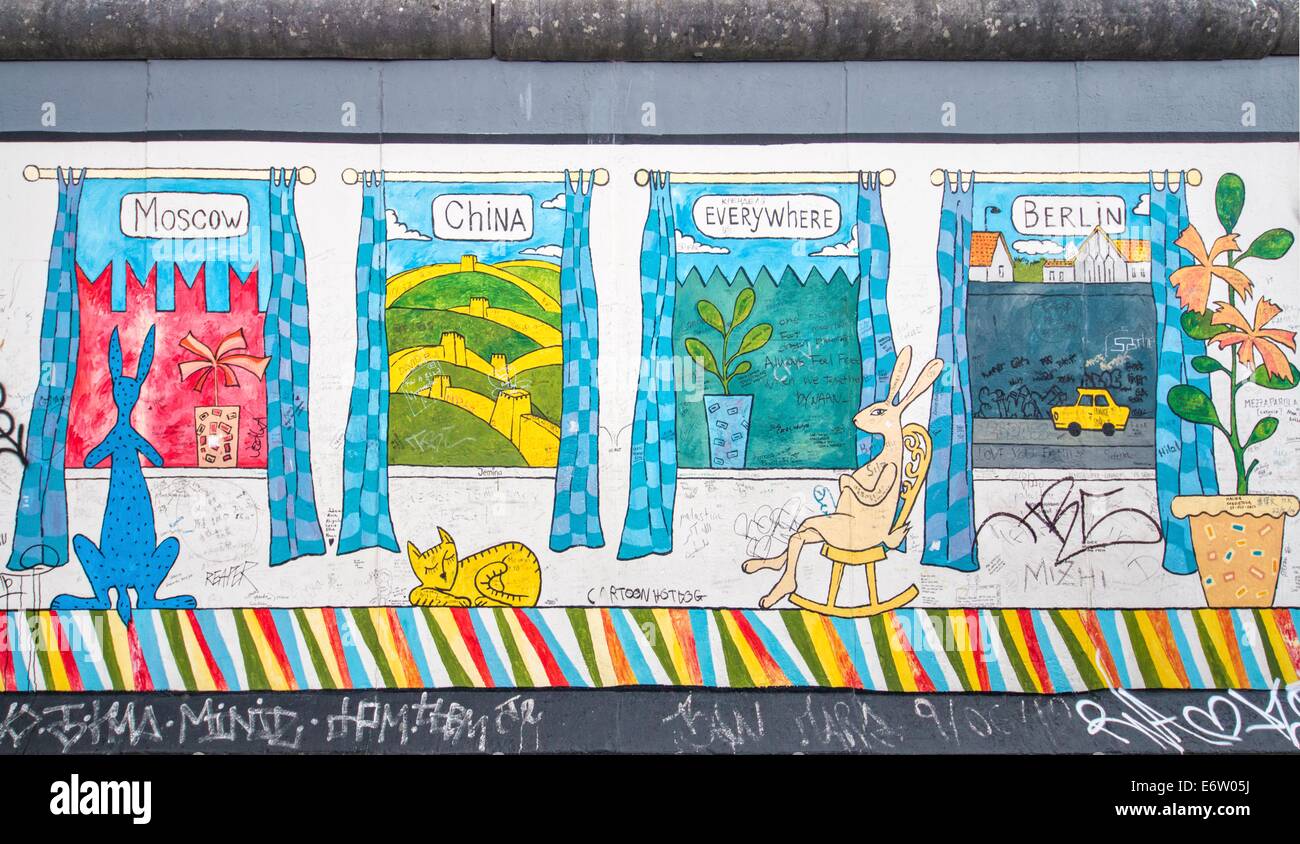 BERLIN - 24. August 2014: Die East Side Gallery ist der größte Outdoor-Kunstgalerie der Welt. Dieses Graffiti eines unbekannten Künstlers zeigt Windows mit weltweiten Reisezielen in. Stockfoto