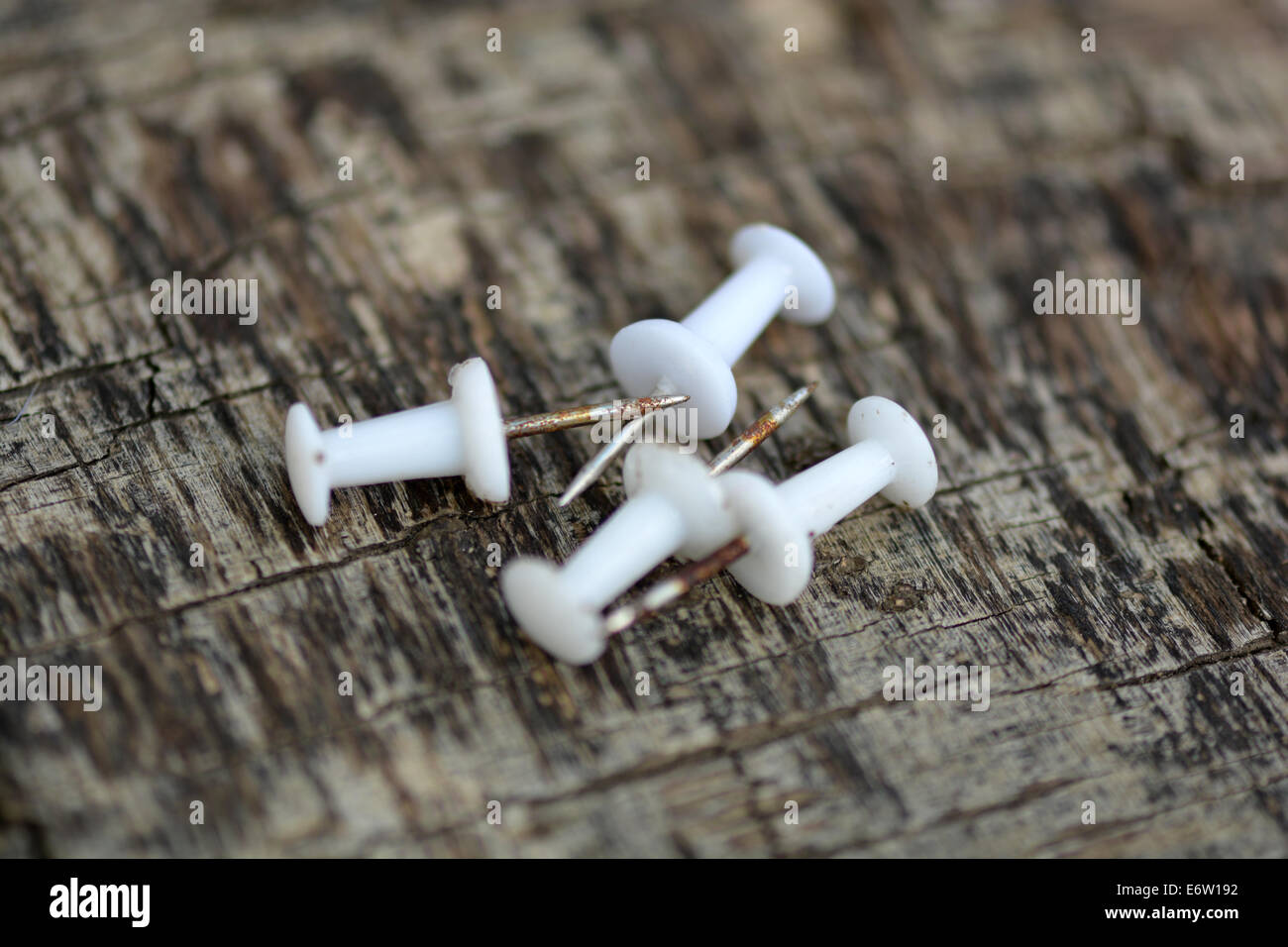 Satz von alten weißen Pins auf Holz Hintergrund Stockfoto