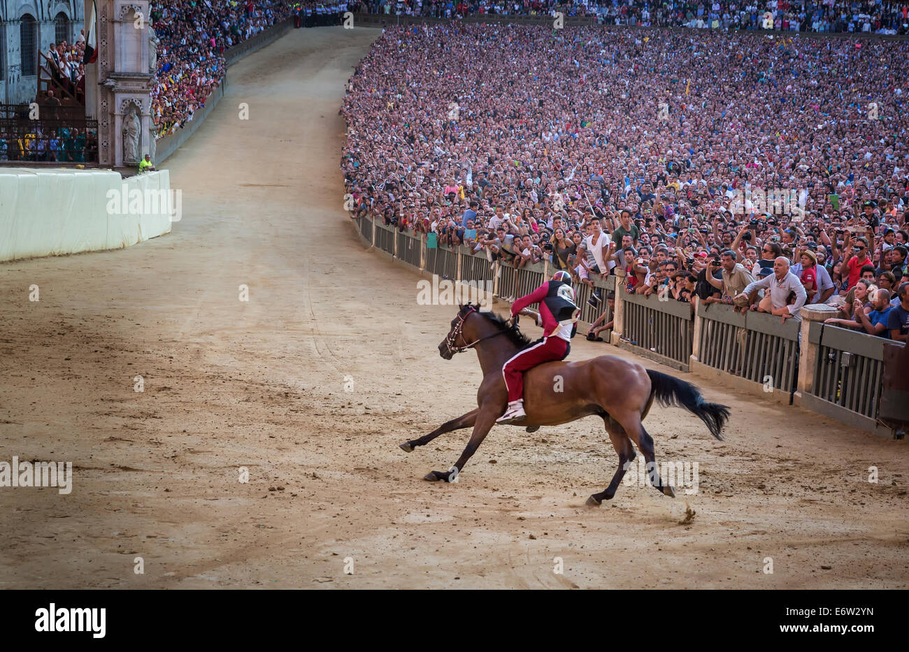 Das Palio di Siena Pferderennen auf der Piazza del Campo in Siena, Toskana, Italien Stockfoto