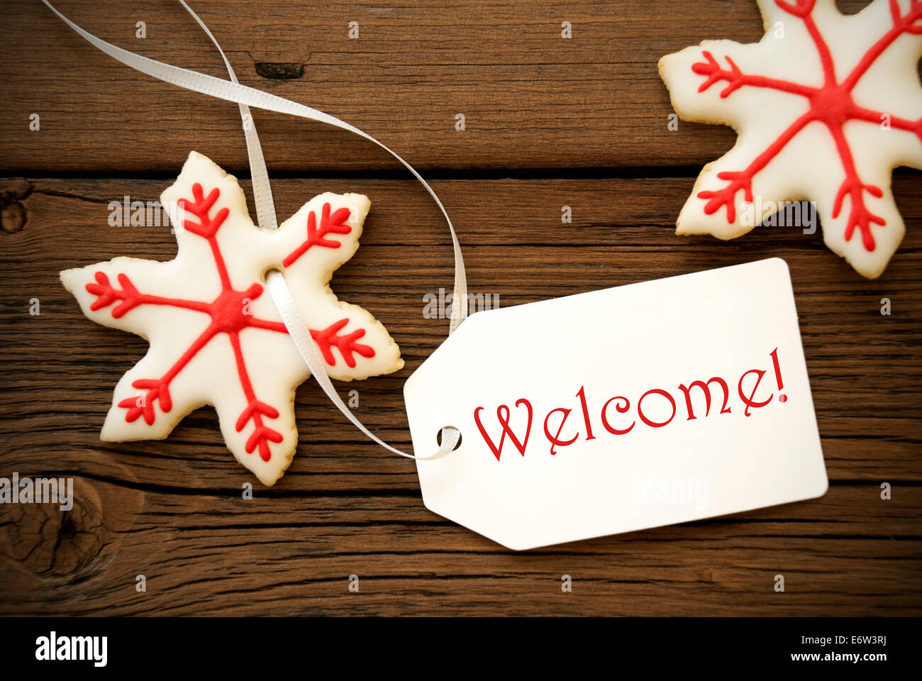 Red White Star Weihnachtsplätzchen mit einem Etikett auf dem Empfang steht Stockfoto