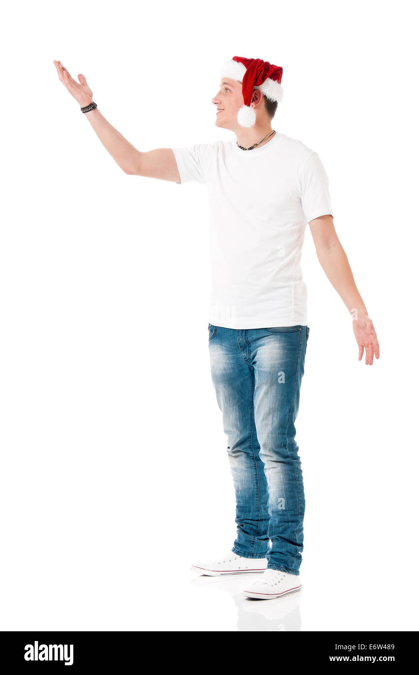 Mann trägt Weihnachtsmütze Stockfoto