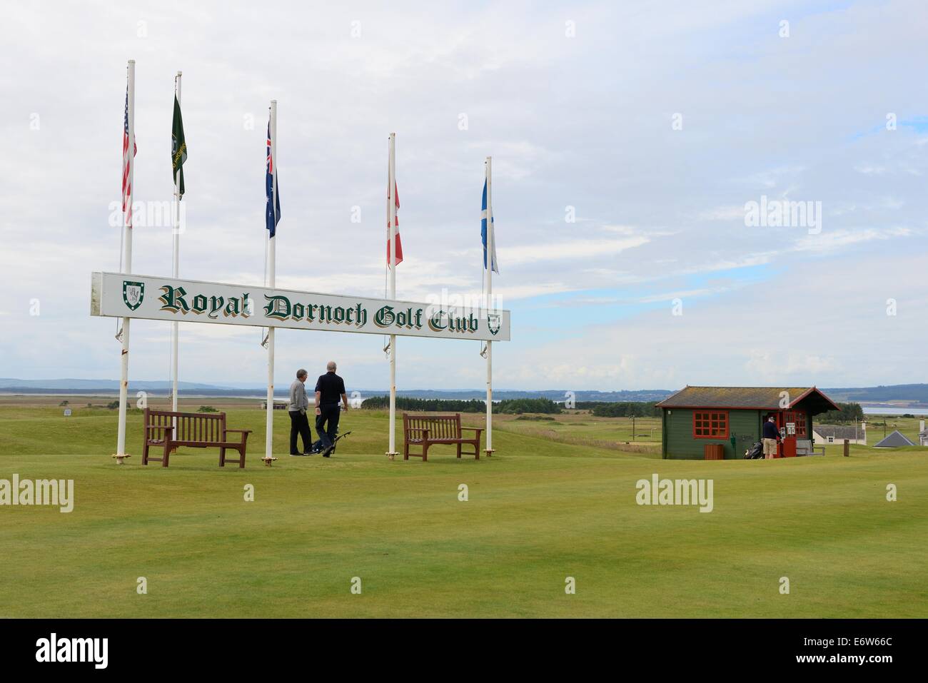 Ersten Abschlag am Royal Dornoch Golf Club, Sutherland, Highland, Schottland Stockfoto