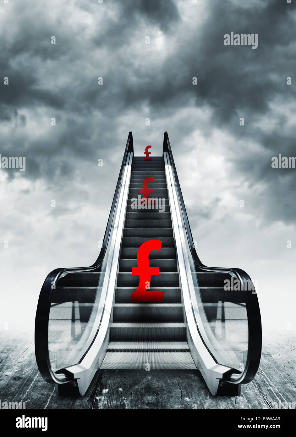 Pfund-Symbol auf Rolltreppen. Währung-Konzept, Inflation und Deflation, Finanzen und Wechselkurs. Stockfoto