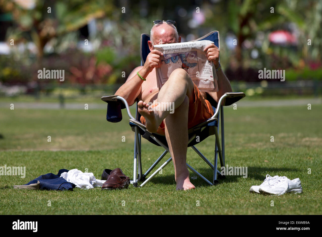 Mann liest eine Zeitung im Park. Stockfoto