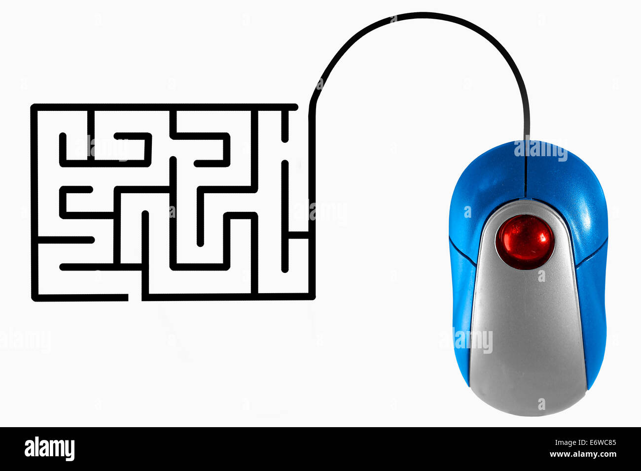 Labyrinth-Rätsel dargestellt durch Computer-Maus-Kabel Stockfoto