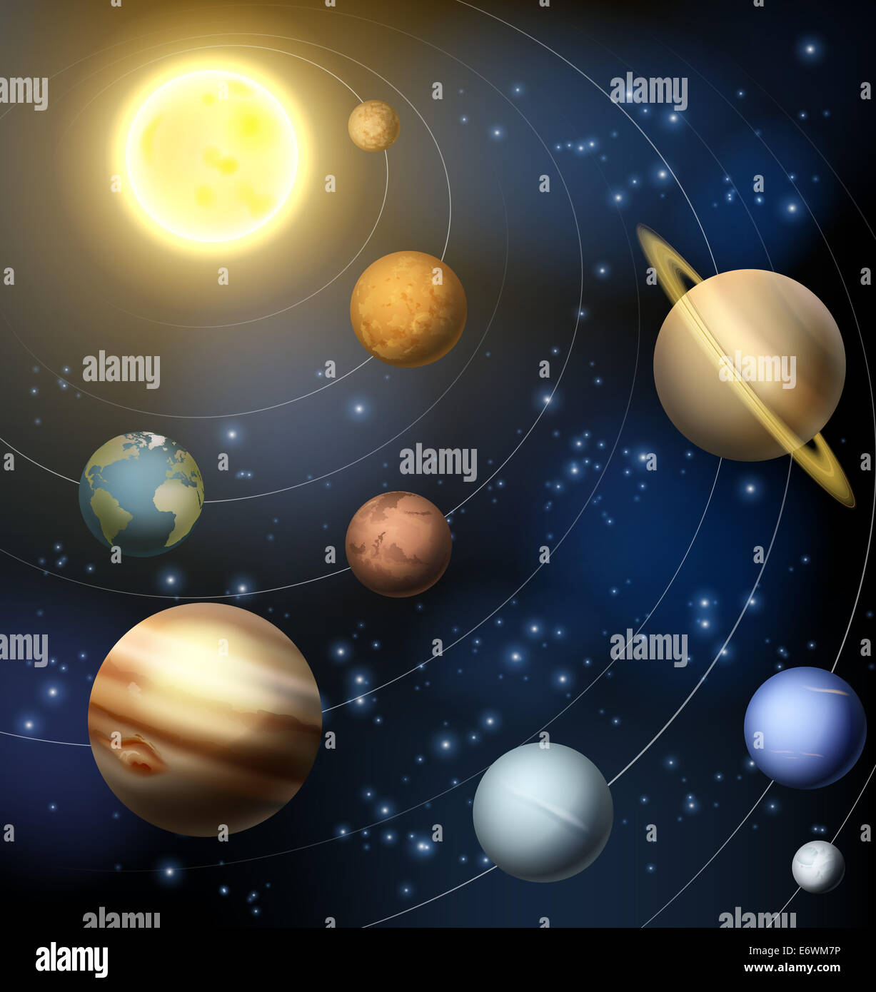 Ein Beispiel für die Planeten umkreisen die Sonne in unserem Sonnensystem einschließlich der Zwergplanet Pluto Stockfoto