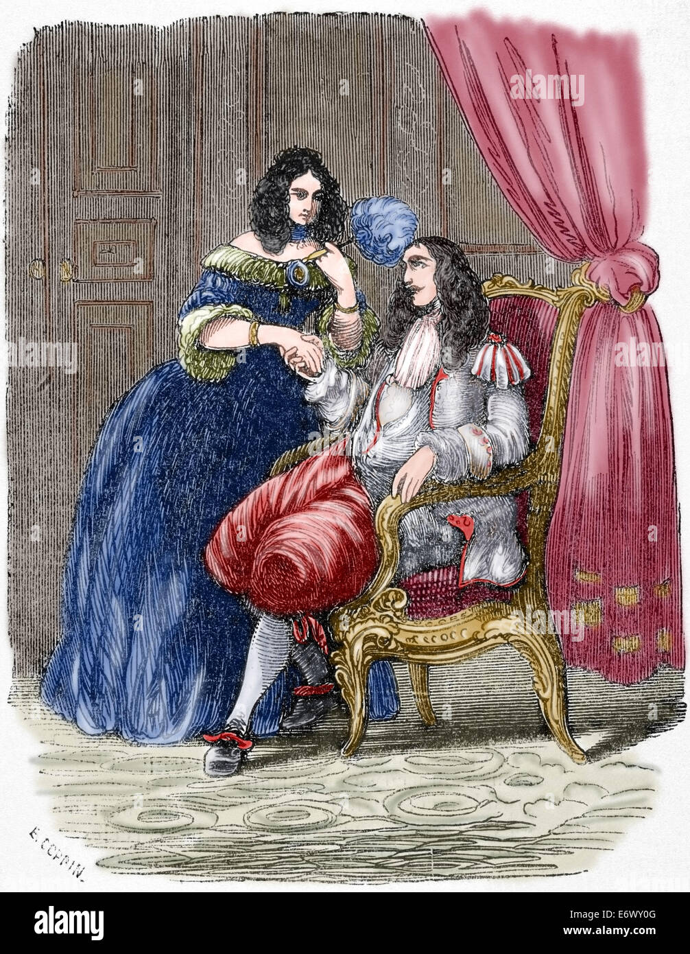 Ludwig XIV. (1638-1715). König von Frankreich. Ludwig XIV. und seiner Mätresse Madame Montespan (1640-1707). Gravur. Farbige. Stockfoto