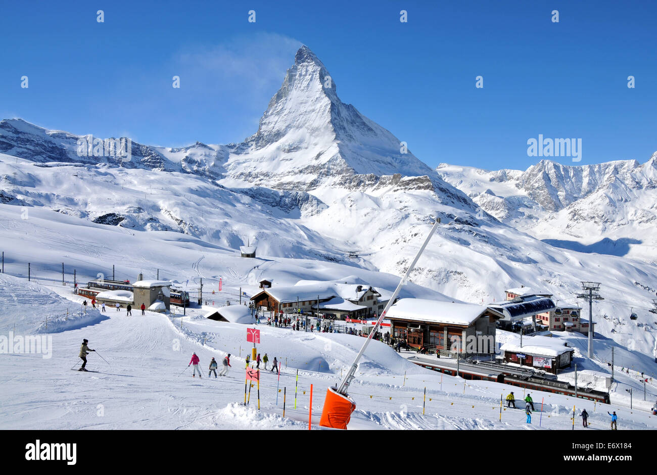 Am Riffelberg im Skigebiet von Zermatt mit Matterhorn, Wallis, Schweiz Stockfoto