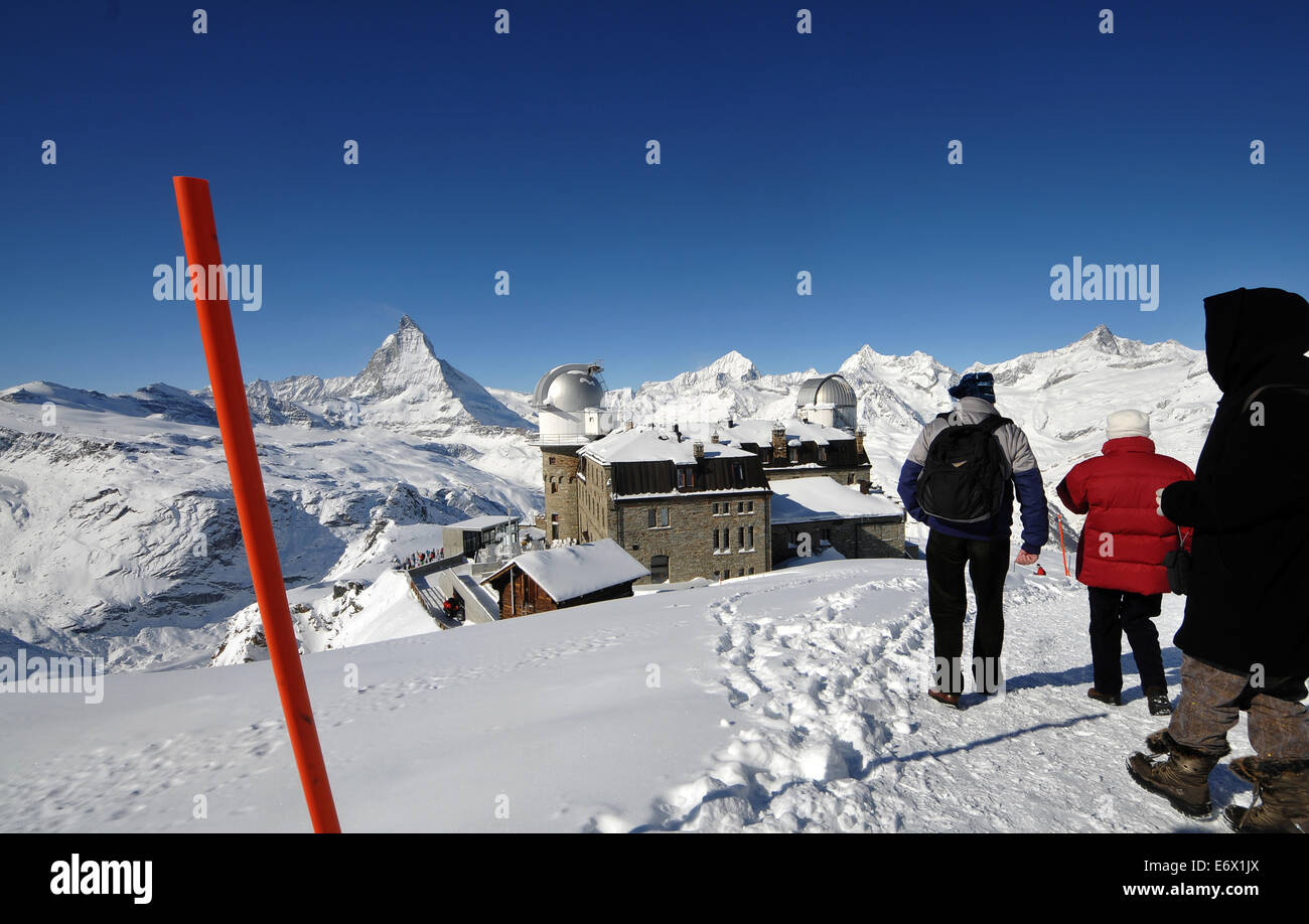 Auf den Gornergrad mit Matterhorn im Hintergrund, Skigebiet Zermatt, Wallis, Schweiz Stockfoto