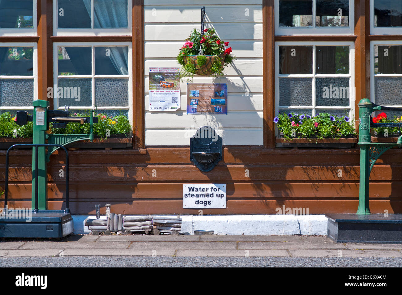 Lustige Zeichen "Wasser für gedämpfte, Hunde" Boat of Garten Station, Strathspey Steam Railway, in der Nähe von Aviemore, Cairngorms Schottland Stockfoto