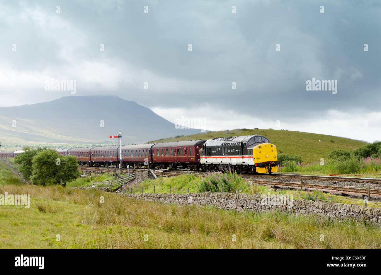 Diesel-Zug und Wagen auf der Settle Carlisle Linie mit Ingleborough über Stockfoto