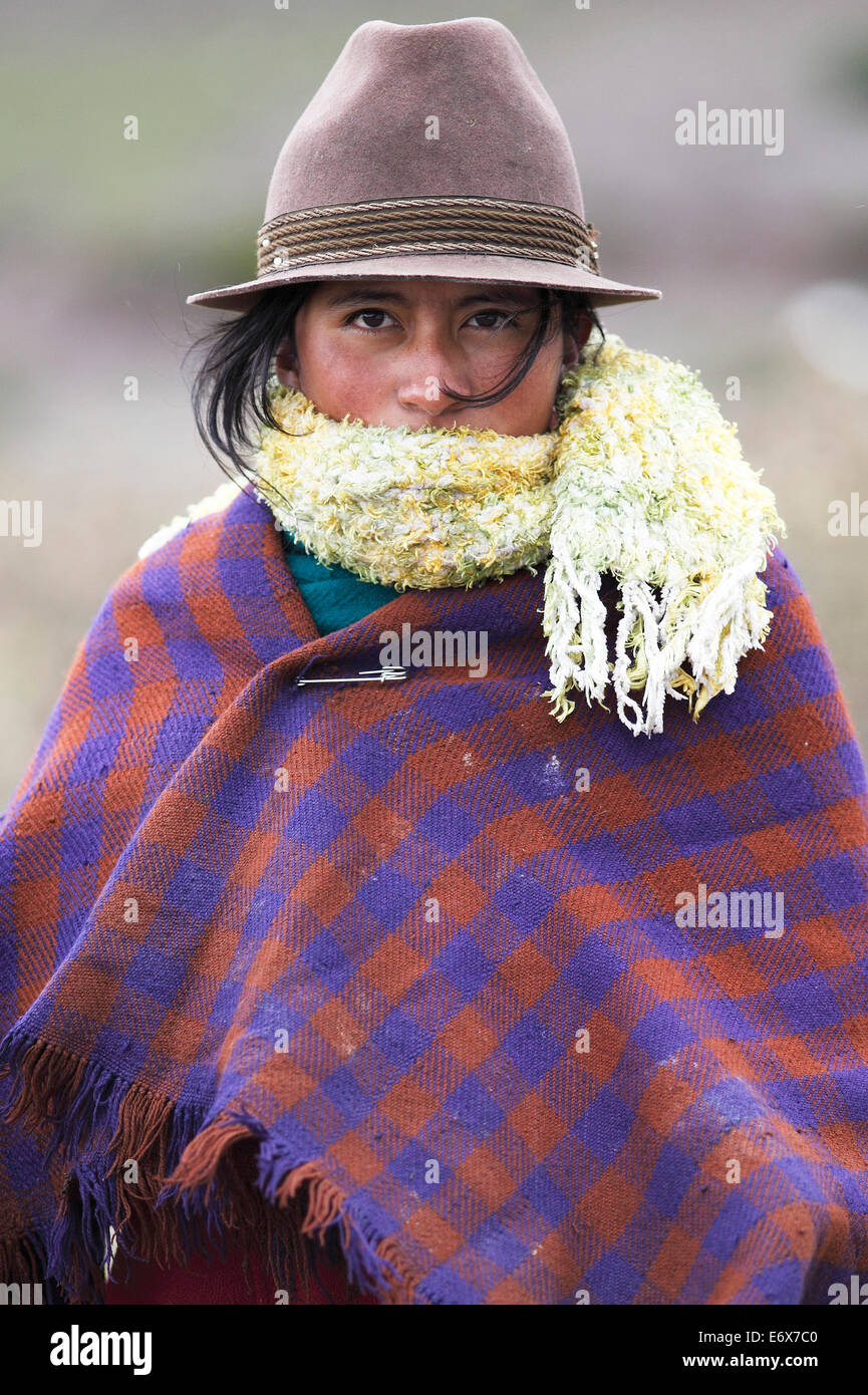 Mädchen mit traditionellen Filz Hut, Puruhá Menschen, Kichwa, Provinz Chimborazo, Ecuador Stockfoto