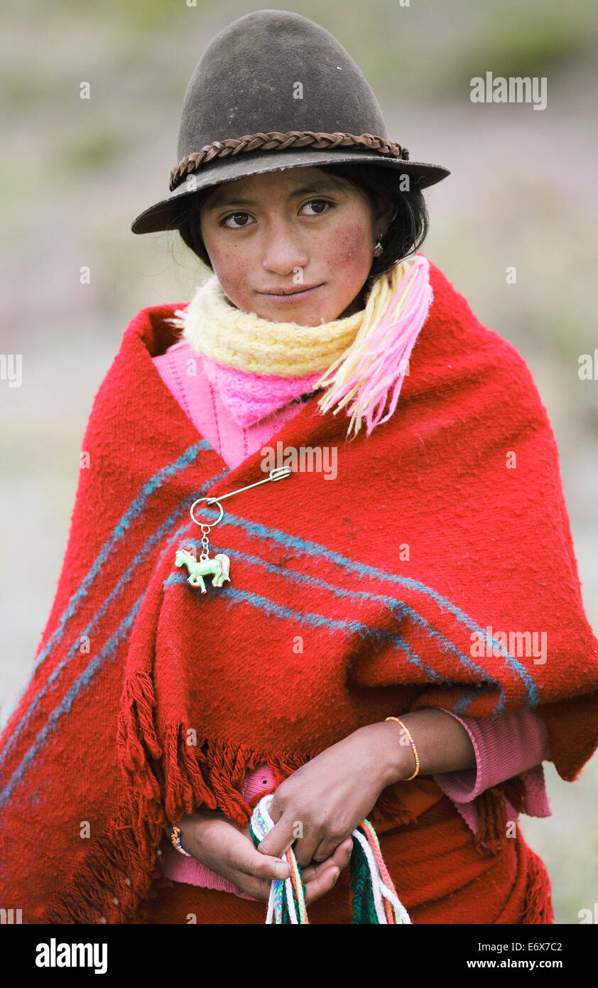 Mädchen mit traditionellen Filz Hut, Puruhá Menschen, Kichwa, Provinz Chimborazo, Ecuador Stockfoto