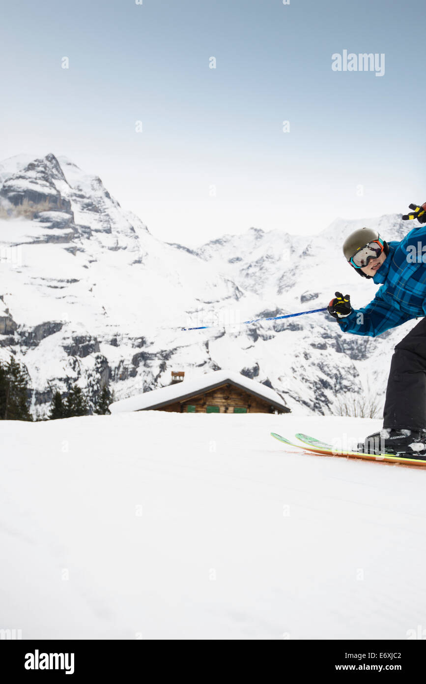 Skifahrer am Muerren, Kanton Bern, Schweiz Stockfoto