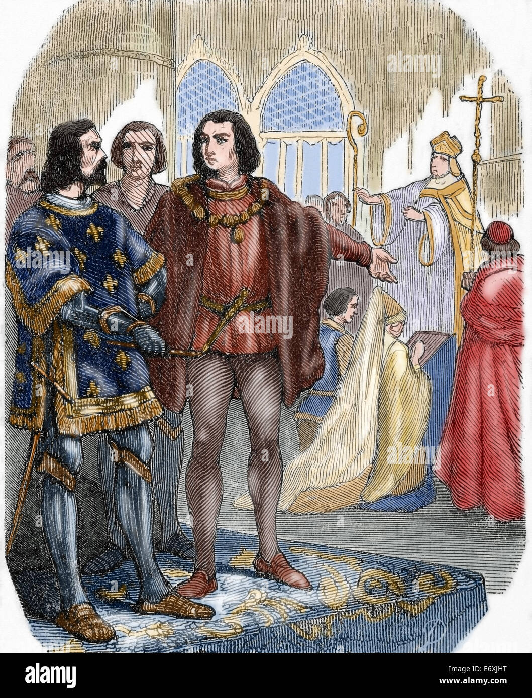 Louis XI (1423-1483). König von Frankreich. Ehe mit seiner ersten Frau Margaret von Schottland (1424-1445). Gravur. Farbige. Stockfoto