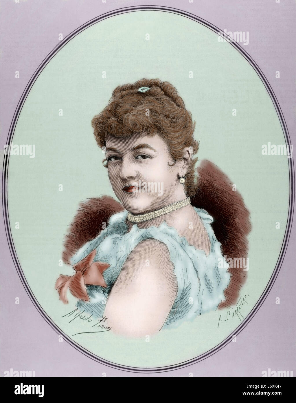 Mila Kupfer-Berger (1852-1905). Österreichische Sopranistin. Kupferstich von A. Carretero. Farbige. Stockfoto
