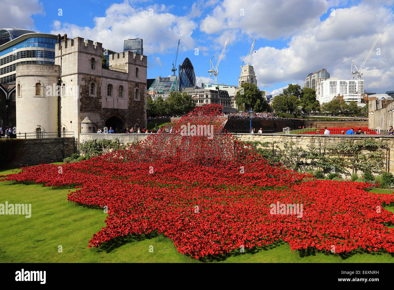 Tower von London Graben dekoriert mit Mohnblumen im Gedenken an den 100. Jahrestag des ersten Weltkriegs Stockfoto