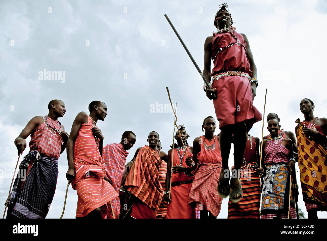 Junge Krieger vom Stamm Morani Massai tanzen Adumu, Kenia, Afrika Stockfoto