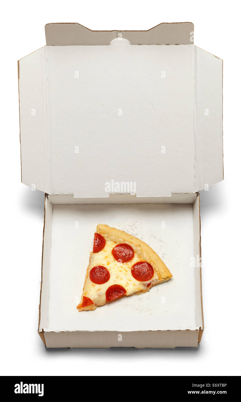 Einzigen übrig gebliebenen Pizza Take Home Box Isolated on White Background. Stockfoto