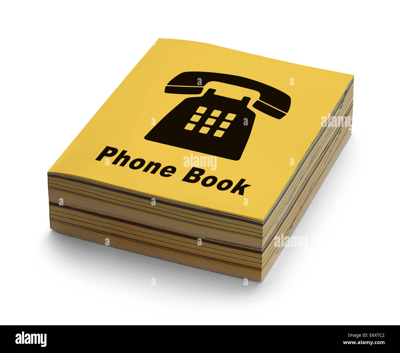 Gelbe Telefonbuch bei Schwarz Handy Cover, Isolated on White Background. Stockfoto