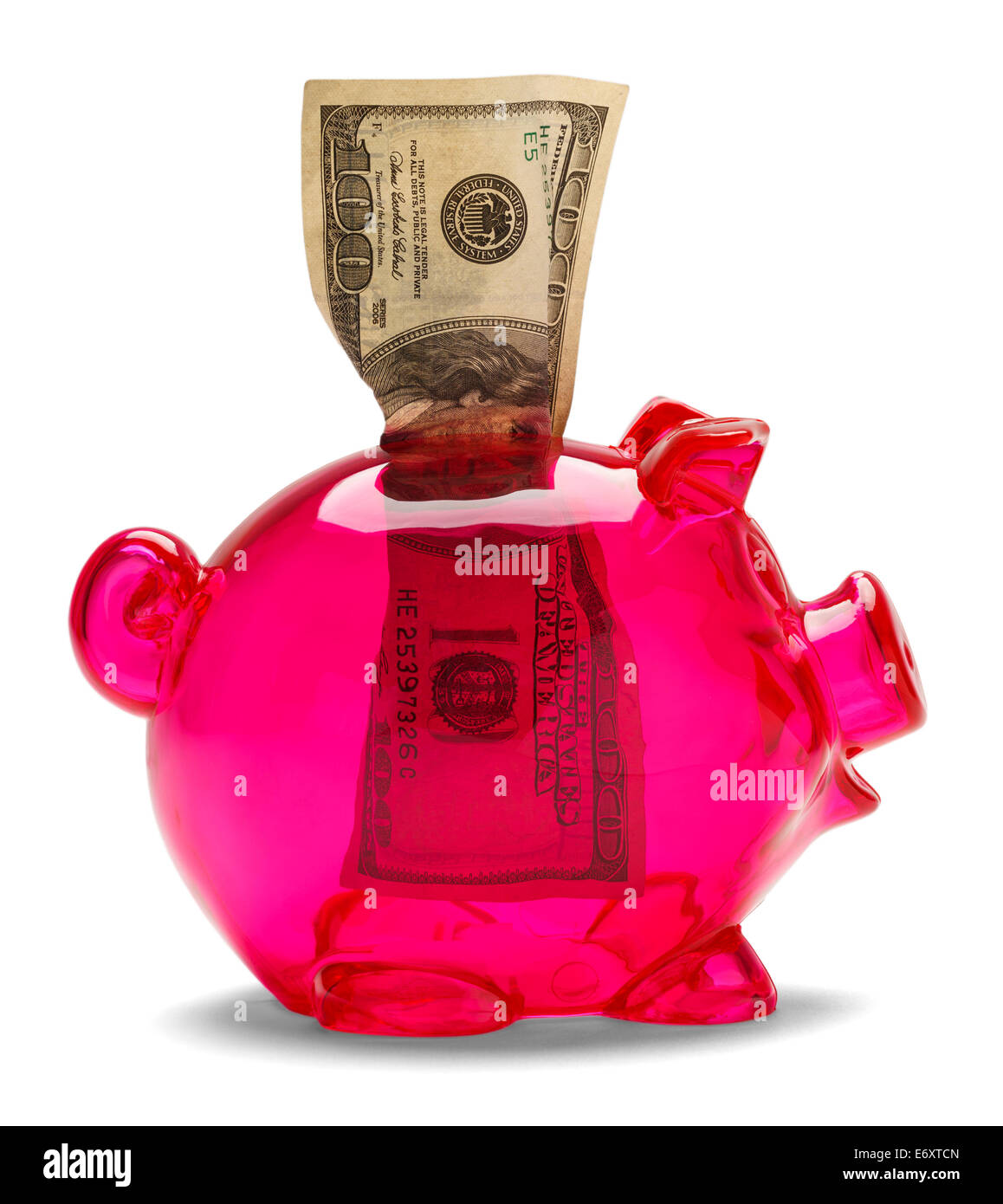 Sparschwein mit hundert-Dollar-Schein isoliert auf weißem Hintergrund durchschauen. Stockfoto