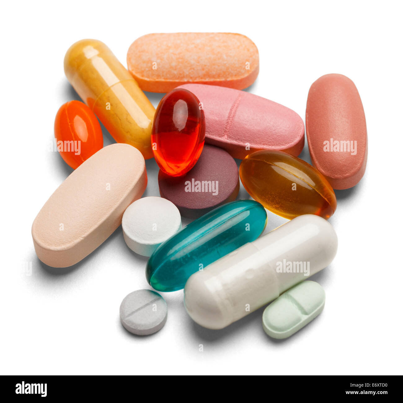 Verschiedene farbige Medizin und Arten von Pillen, die isoliert auf einem weißen Hintergrund. Stockfoto