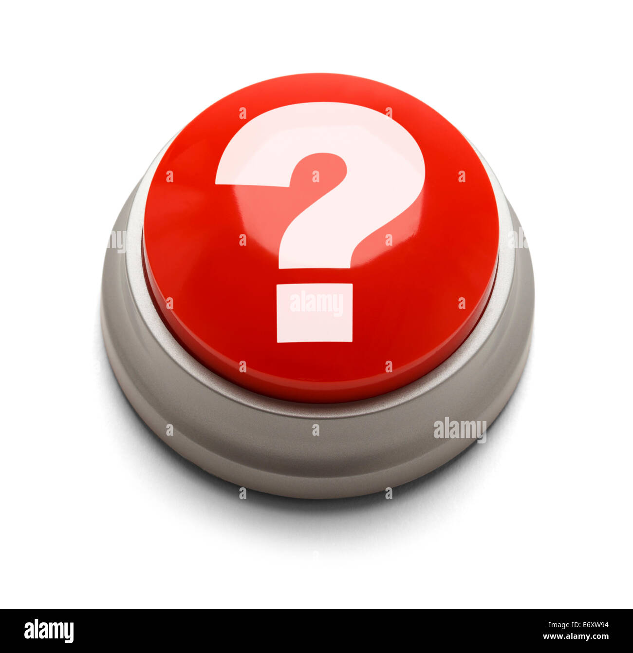Roten Knopf mit Fragezeichen isoliert auf einem weißen Hintergrund. Stockfoto