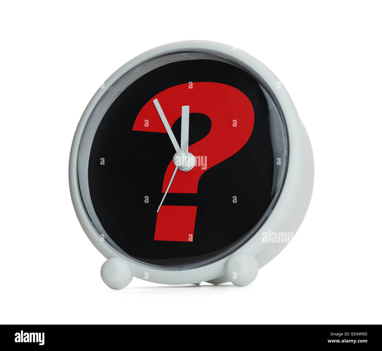 Uhr mit Fragezeichen in rot, Isolated on White Background. Stockfoto