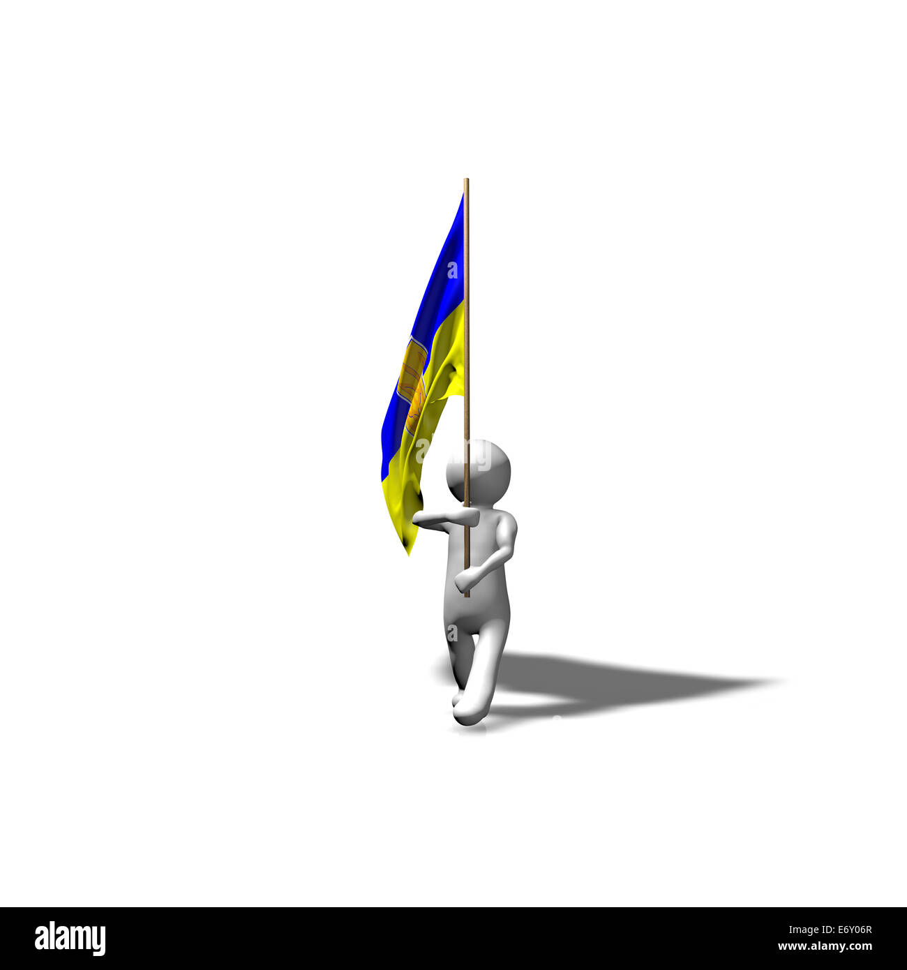 3D Mann marschieren mit ukrainischen Flagge. Stockfoto