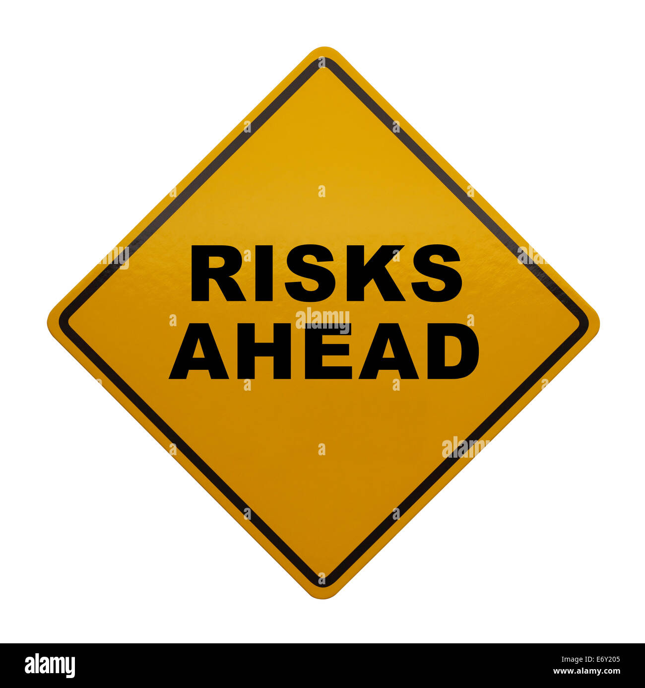 Vorsicht Schild Risiken voraus isoliert auf weißem Hintergrund. Stockfoto