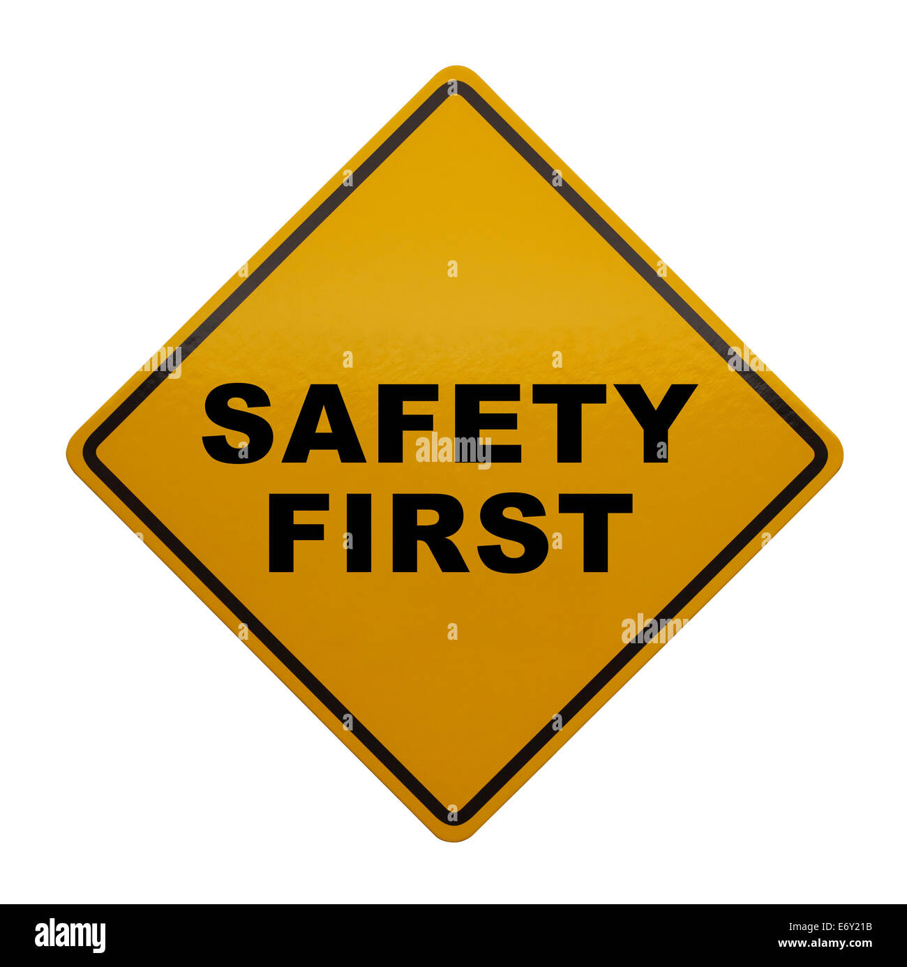 Achtung Schild mit Safety First drauf isoliert auf weißem Hintergrund. Stockfoto