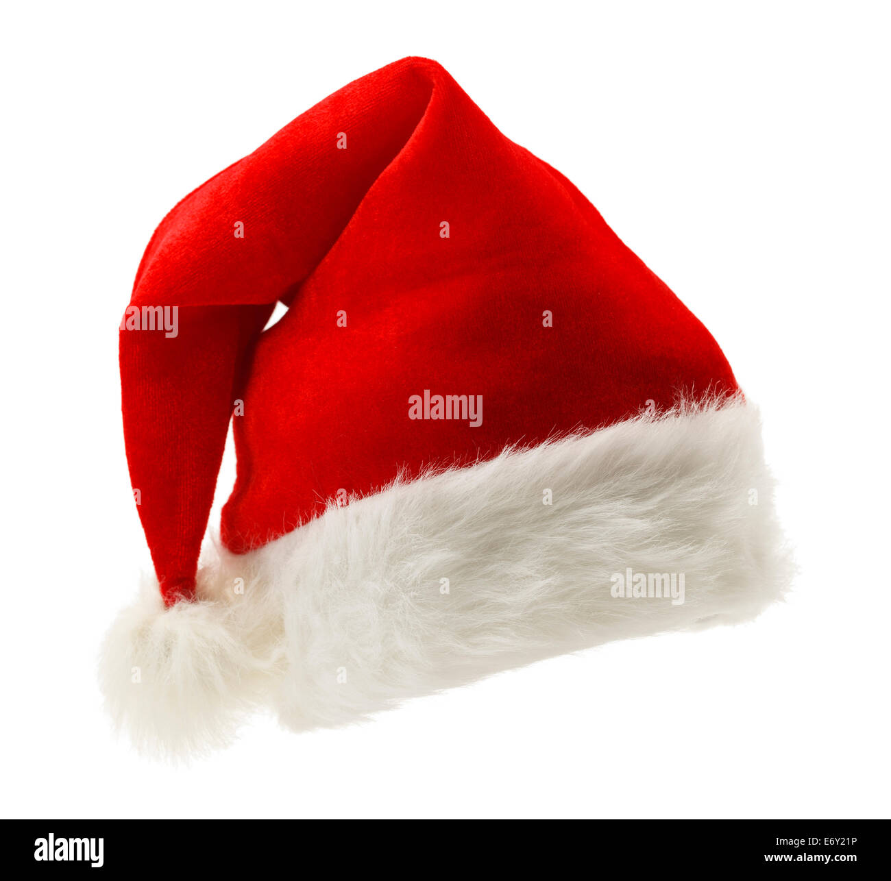 Rote und weiße Weihnachten Santa pelzigen Strumpf Hut isoliert auf weißem Hintergrund. Stockfoto